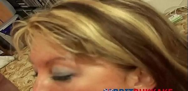  Horny British blonde chick sucking in bukkake